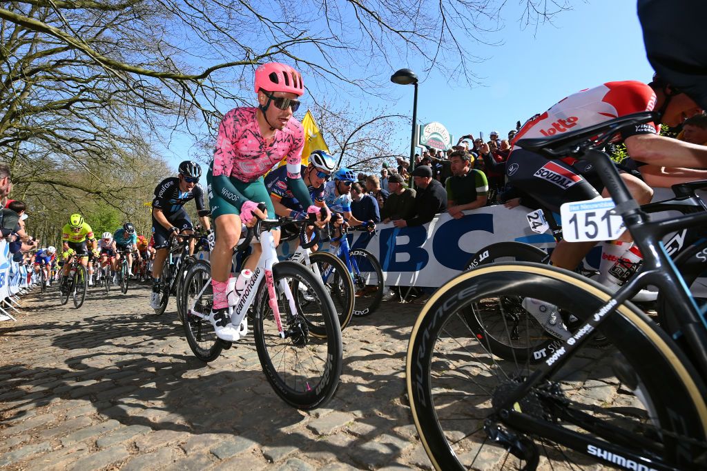 WEVELGEM BELGIUM MARCH 27 Stefan Bissegger of Switzerland and Team EF Education Easypost competes through a cobblestones sector during the 84th GentWevelgem in Flanders Fields 2022 Mens Elite a 2488km one day race from Ypres to Wevelgem GWE22 WorldTour on March 27 2022 in Wevelgem Belgium Photo by Tim de WaeleGetty Images