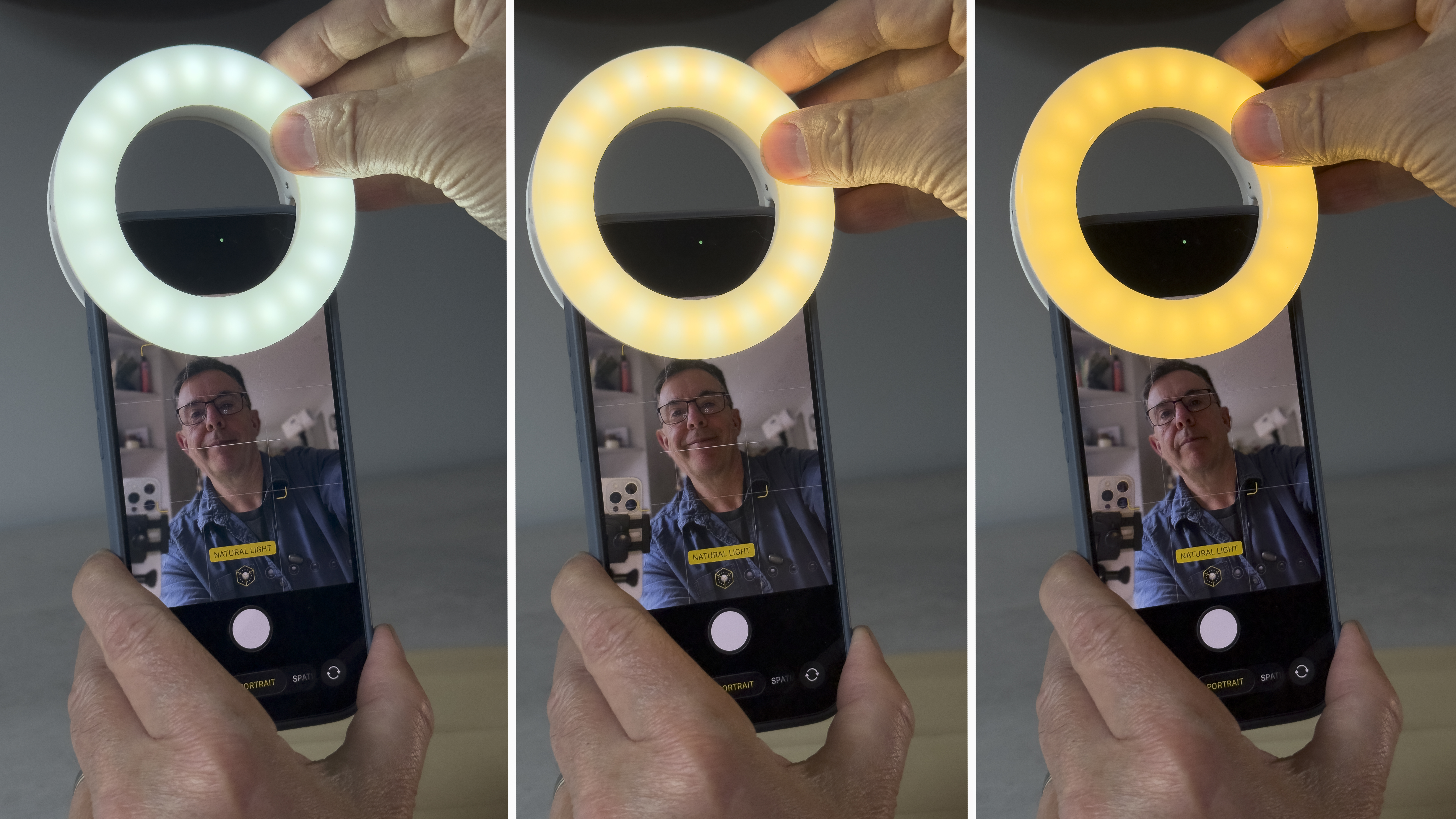 Three separate shots of the ring light showing the neutral, cool (blue), and warm color (orange) temperature settings.