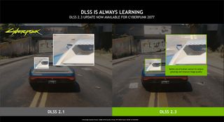 Nvidia slide showing Cyberpunk 2077 comparison with DLSS 2.1 and DLSS 2.3