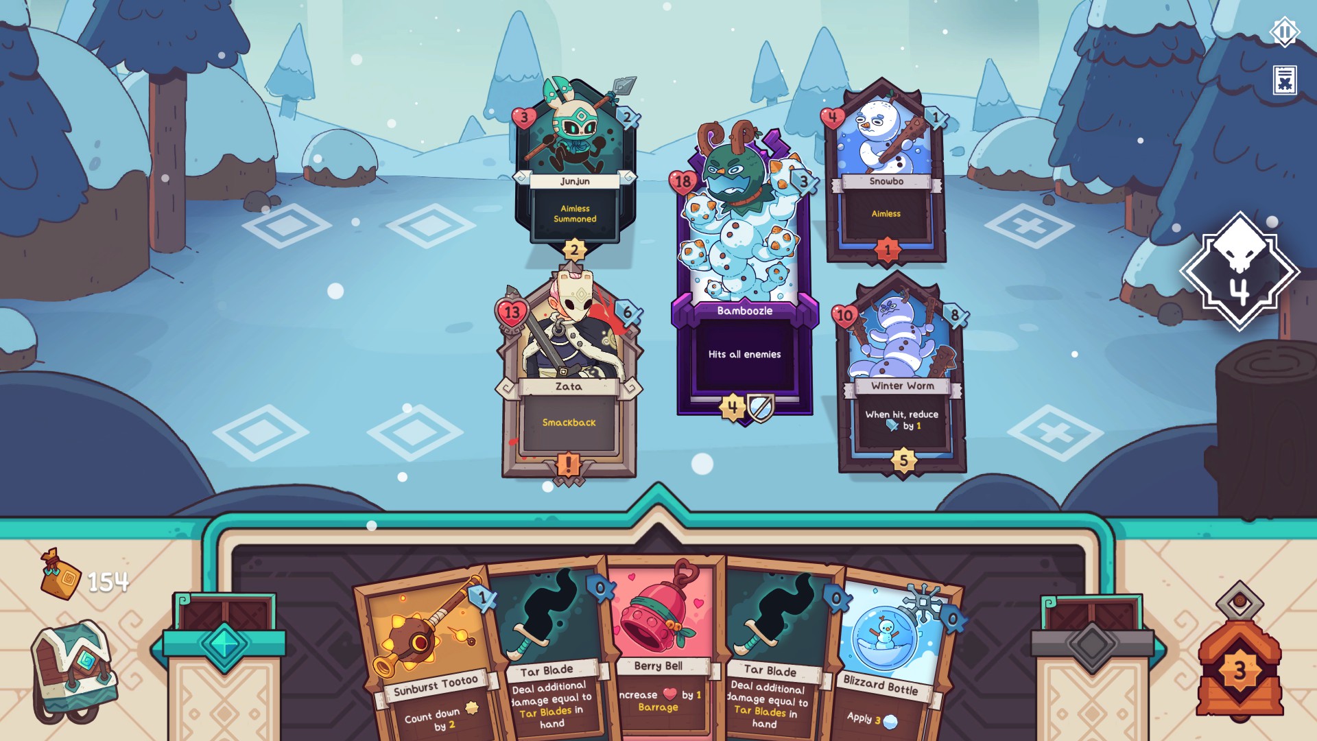 A battle against snow monsters in Wildfrost.