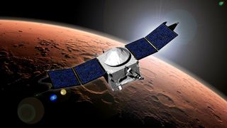 A depiction of NASA's MAVEN spacecraft, which will investigate water loss from Mars' atmosphere from its orbit around the red planet.