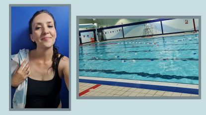 Kerry Law portrait next to image of swimming pool, representing the challenge to swim every day