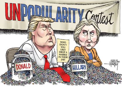Political cartoon U.S. Donald Trump Hillary Clinton unpopularity contest