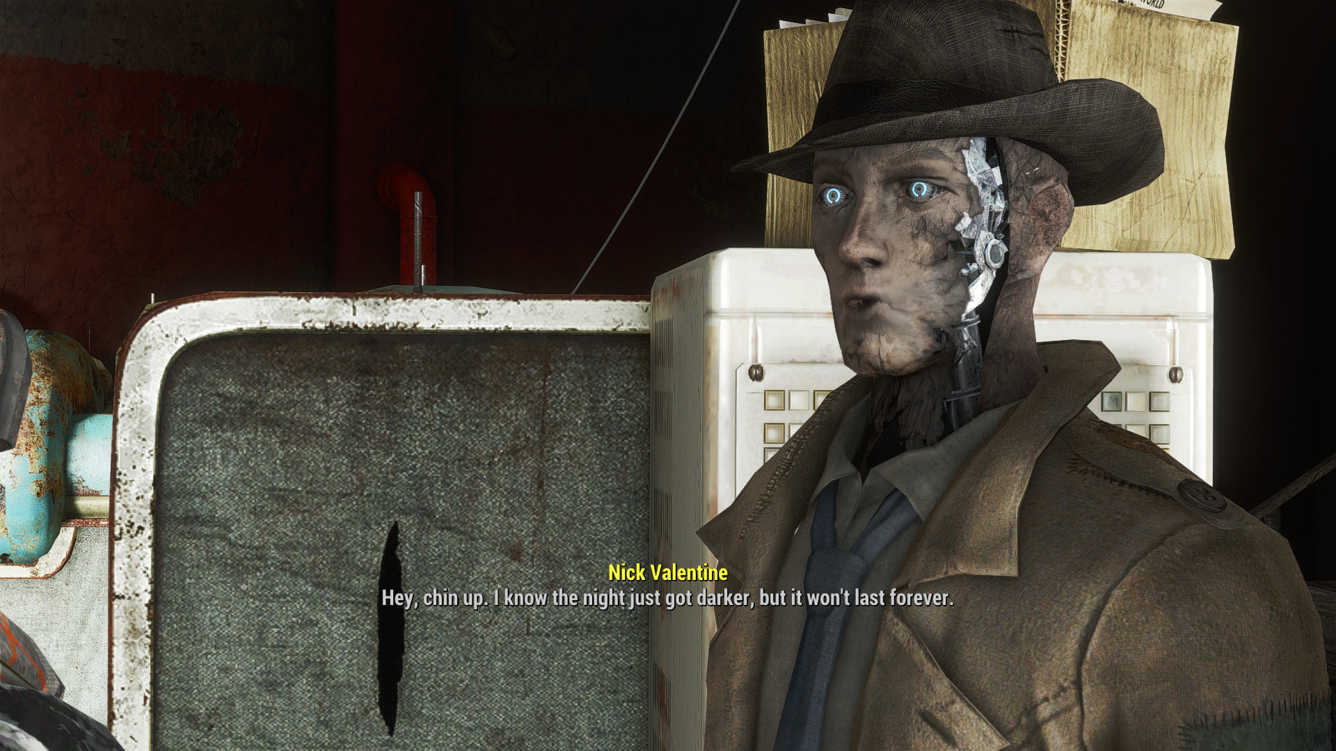 Nick Valentine chatting to the player during Fallout 4