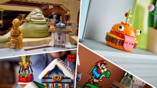 Lego Jabba's Sail Barge, Durrr Burger, Santa's Post Office, and Super Mario World: Mario & Yoshi sets, divided by white lines