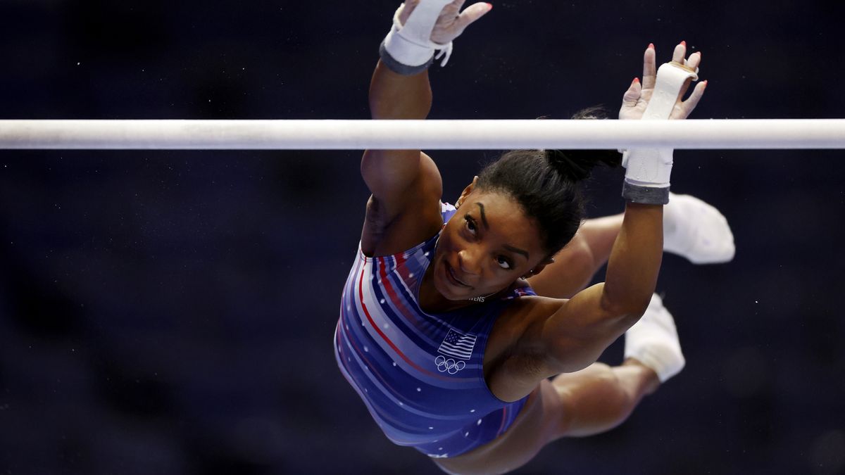 Simone Biles competing in Team USA&#039;s gymnastics trials ahead of the 2024 Summer Olympics.