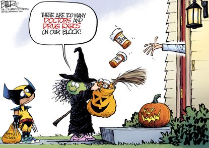 Political cartoon U.S. Halloween opioids big pharma