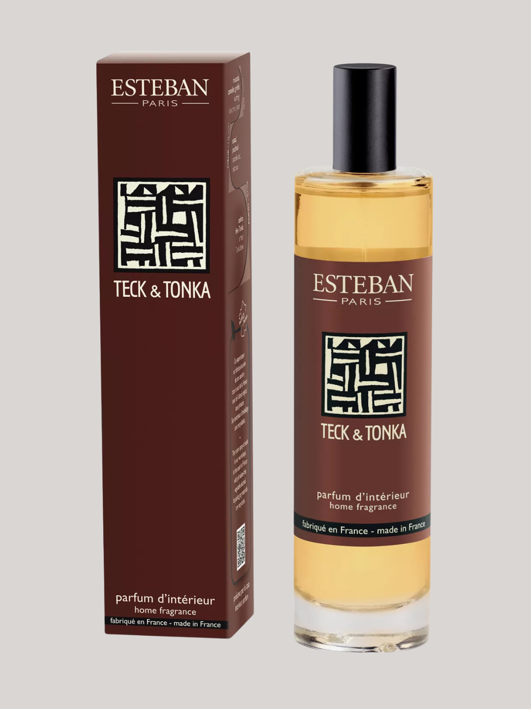 A bottle of teck and tonka room spray from Esteban