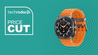 Samsung Galaxy Watch Ultra in orange on cyan background with price cut sign