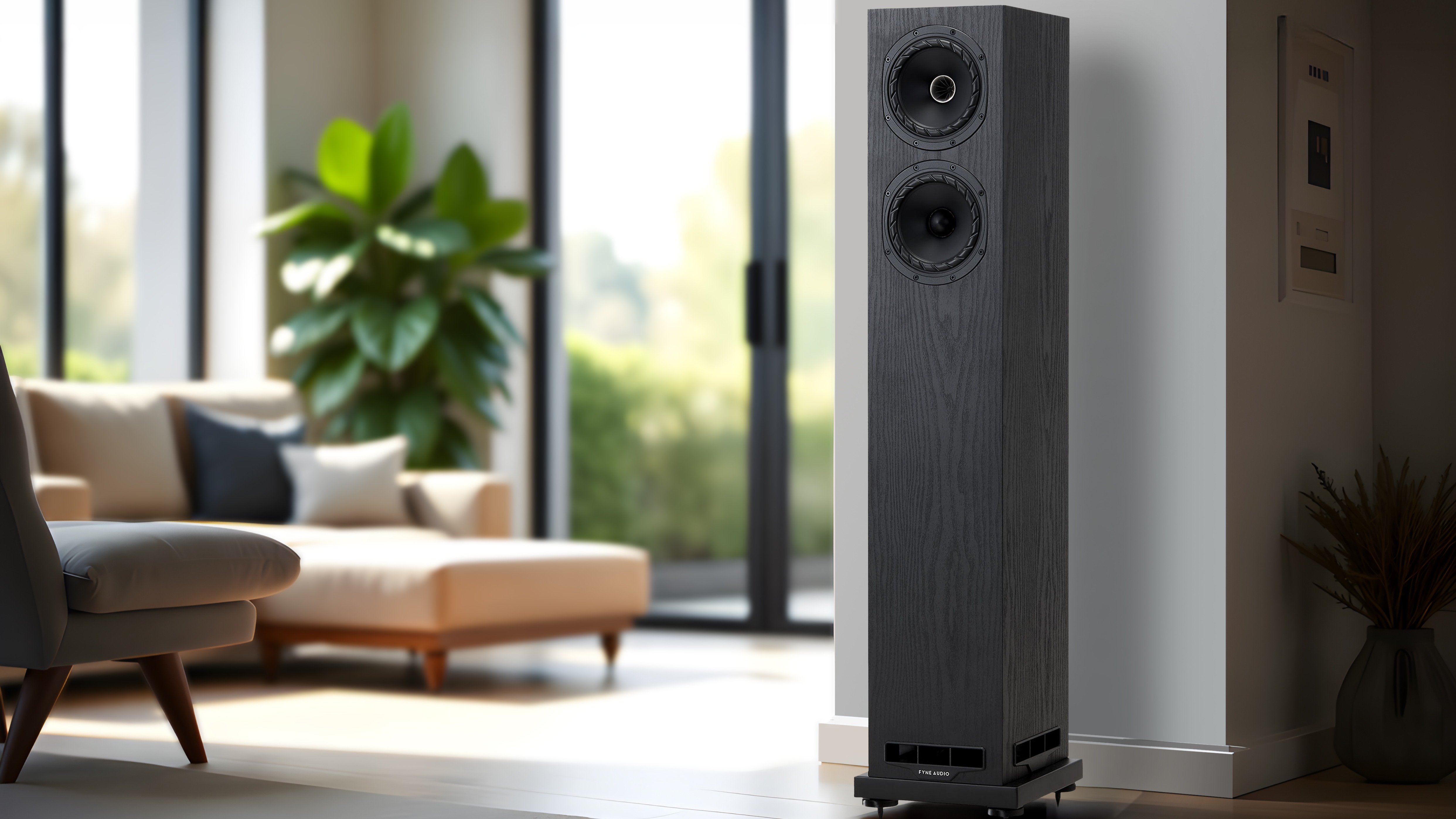 Fyne Audio F55E floorstanding speakers in Black in a lifestyle setting