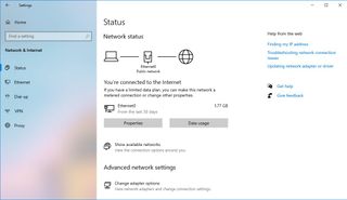 Networking status settings on Windows 10 version 2004