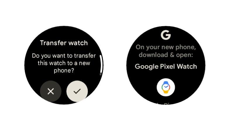 Zrzuty ekranu przedstawiające przeniesienie Pixel Watch 2 na nowy telefon.