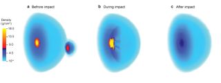 According to one new study, led by researcher Shangfei Liu, Jupiter's dilute core was created by a collision with a massive planetary embryo. This figure from the study visualizes that collision.