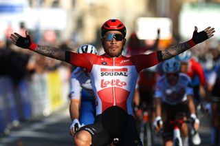 LA SEYNESURMER FRANCE FEBRUARY 18 Caleb Ewan of Australia and Team Lotto Soudal celebrates winning during the 54th Tour Des Alpes Maritimes Et Du Var 2022 Stage 1 a 176km stage from Saint Raphal to La SeynesurMer TDHV22 on February 18 2022 in La SeynesurMer France Photo by Dario BelingheriGetty Images