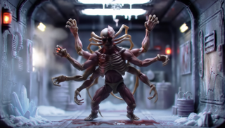 Freepik Ai video; a skeleton creature in an icy room