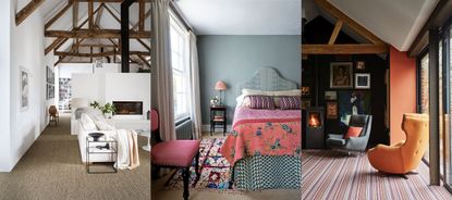 Three examples of carpet ideas. Large open plan living room in converted barn. Colorful bedroom with cream carpet and rug. Inviting, cozy living room with colorful striped carpet.