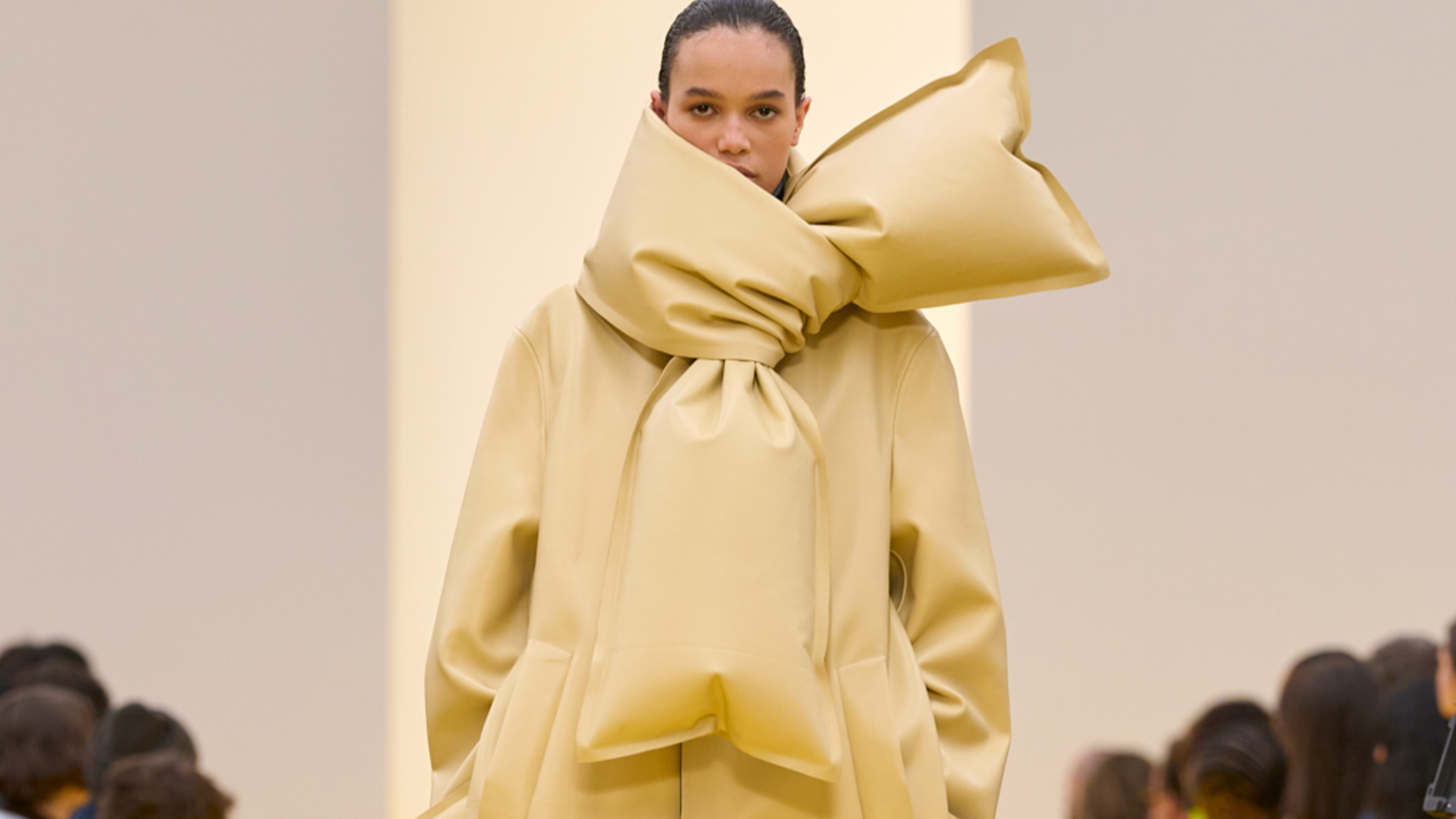 Model walking in Loewe Fall Winter 2026 show during Paris Fashion Week.