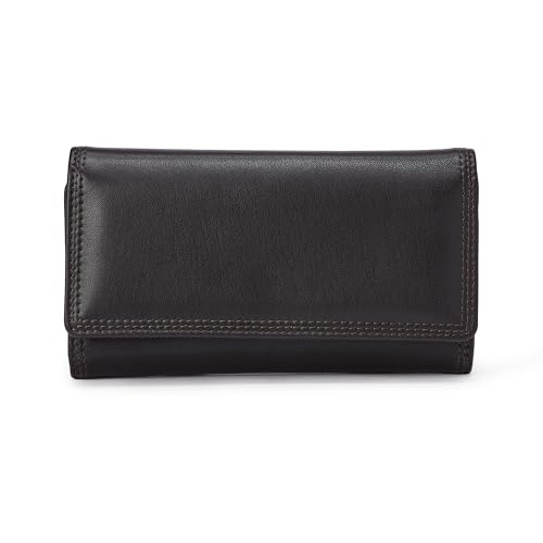 Amazon Essentials Women's Long Flap Continental Leather Wallet With Snap Closure, Dark Brown, One Size