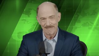 J.K. Simmons as the MCU's J. Jonah Jameson smirking on Daily Bugle broadcast