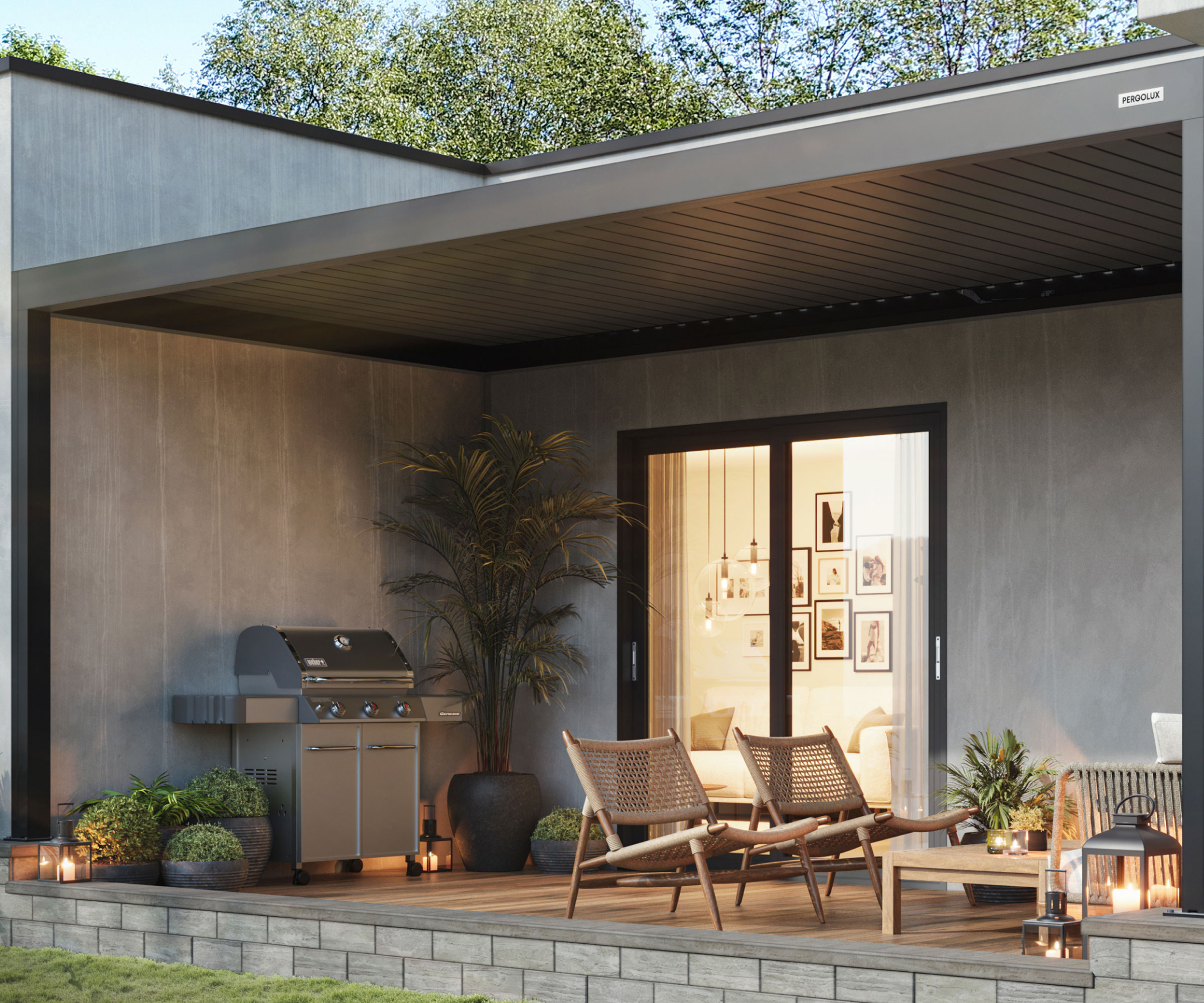 covered patio area with outdoor kitchen and garden furniture
