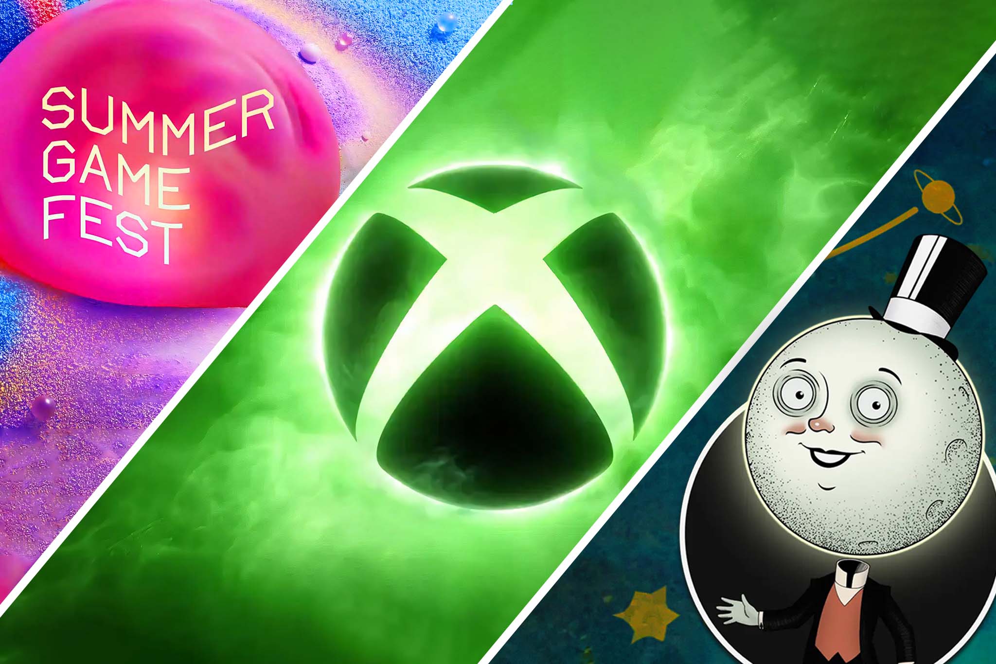 Summer Game Fest logo, Xbox logo, and Moon Man from Outer Worlds 2.