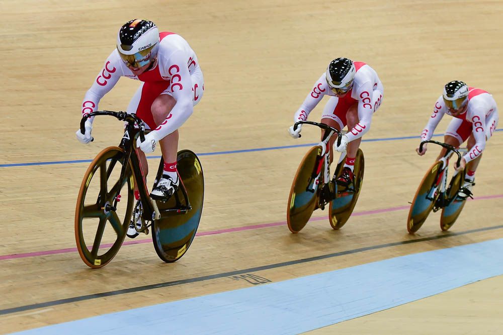 The Polish trio of Grzegorz Drejgier, Rafal Sarnecki and Krzysztof Maksel in the team sprint final