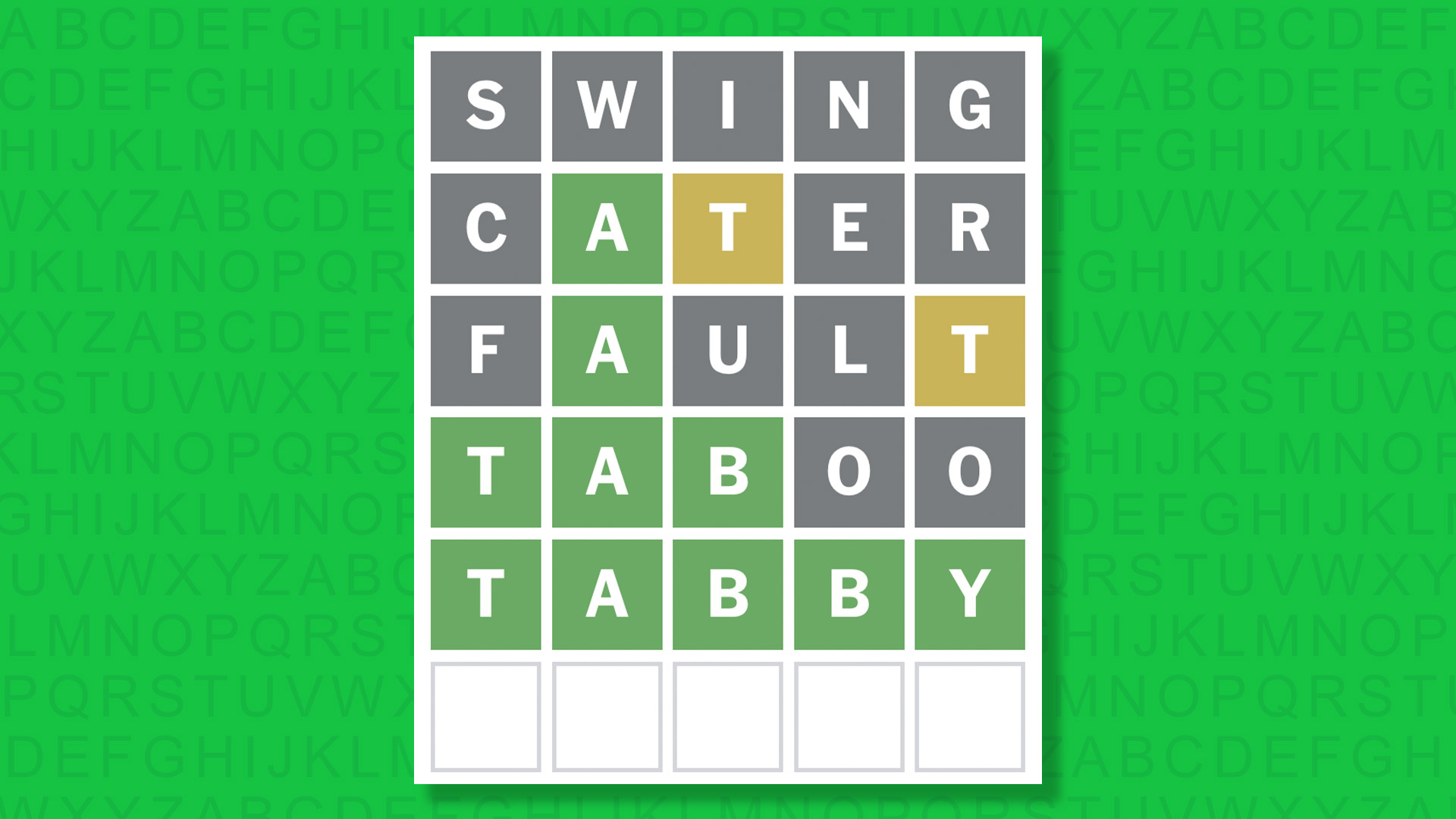 Ответ NYT Wordle для игры 1605 на зеленом фоне