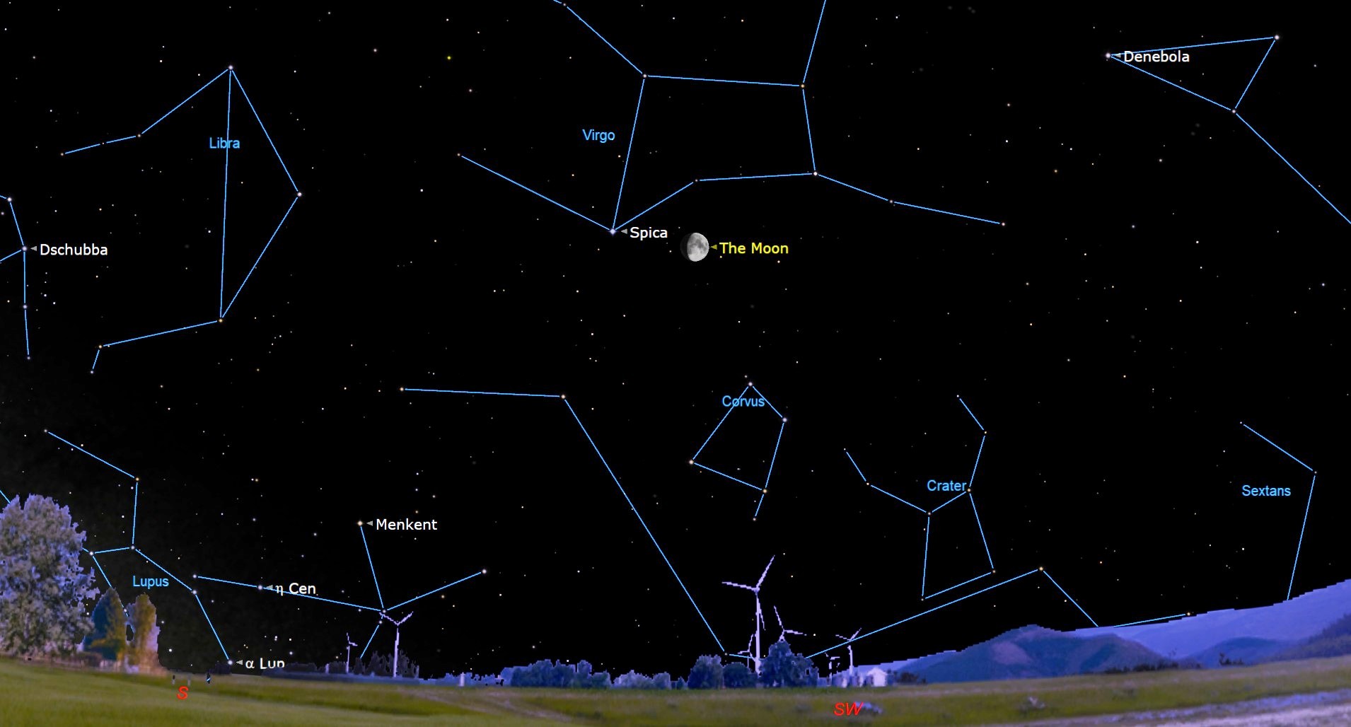 Night sky map showing a Gibbous Moon shining near Spica.