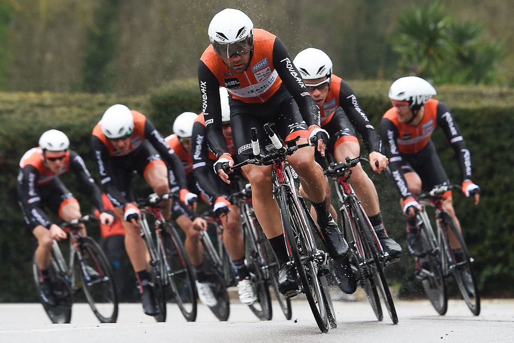 Team Roubaix Metropole Europeenne de Lille ride during the Team Time Trial on day one of the tour of 'La Mediterraneenne'