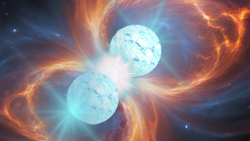 An illustration  shows two neutron stars colliding and merging