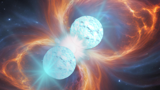 An illustration shows two neutron stars colliding and merging