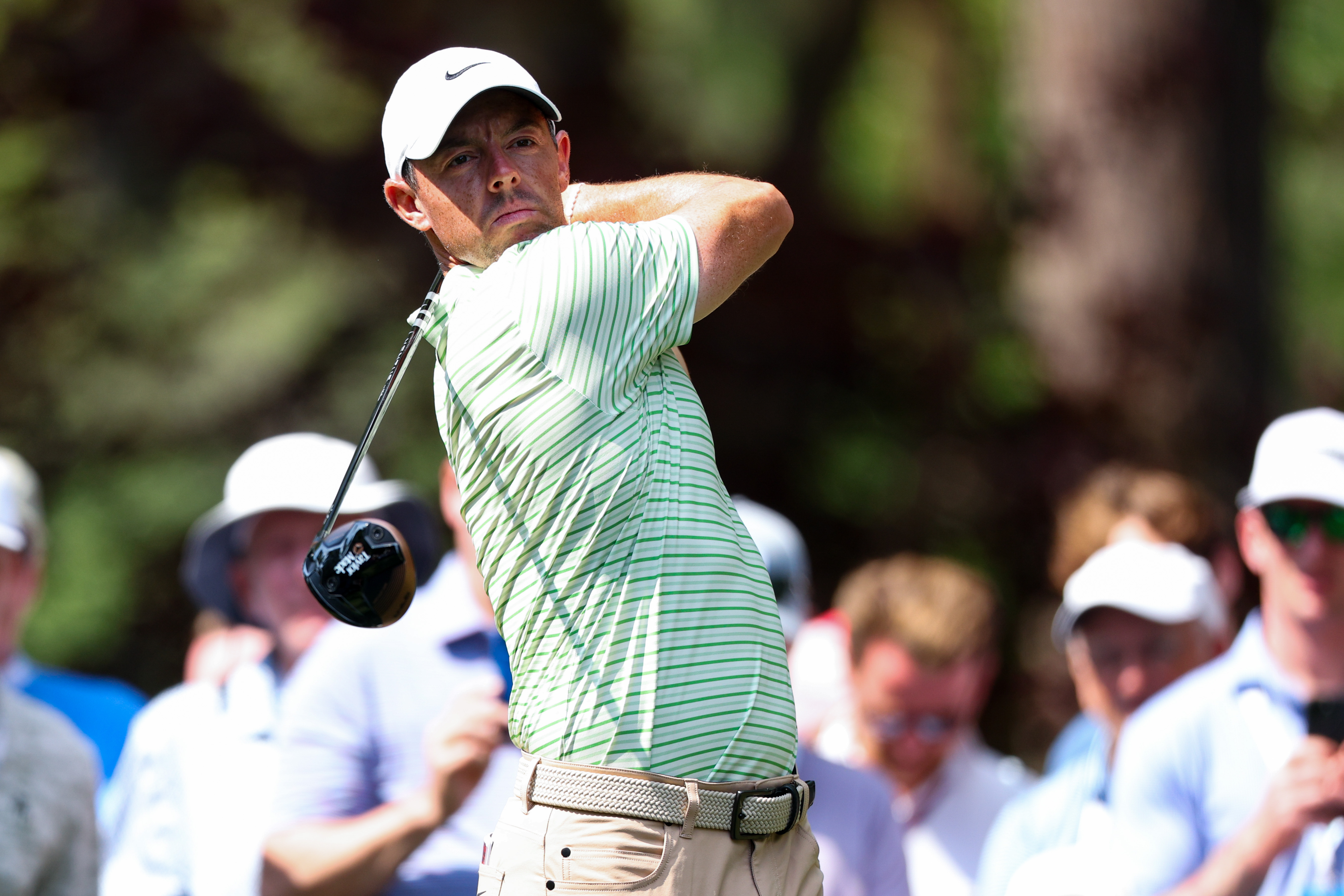 Rory McIlroy hits a tee shot on the 11th hole during the first round of the RBC Heritage at Harbour Town Golf Links