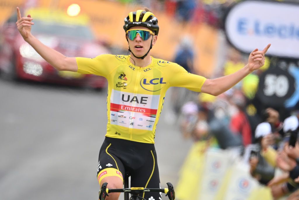 Slovenian Tadej Pogacar of UAE Team Emirates wearing the yellow jersey celebrates as he wins the stage 18 of the 108th edition of the Tour de France cycling race from Pau to Luz Ardiden 1297 km in France Thursday 15 July 2021 This years Tour de France takes place from 26 June to 18 July 2021BELGA PHOTO DAVID STOCKMAN Photo by DAVID STOCKMANBELGA MAGAFP via Getty Images