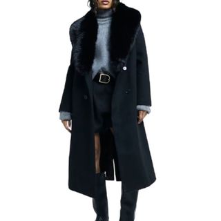 River Island black fur collared coat