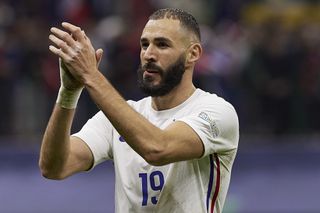 Karim Benzema celebrates after France's win over Spain in the final of the UEFA Nations League in October 2021.
