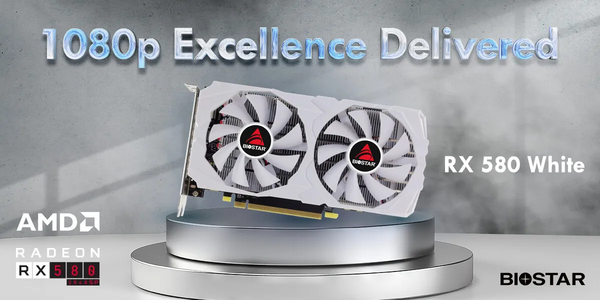 A press shot of the Biostar Radeon RX 580 White, with the header text '1080p Excellence Delivered'.