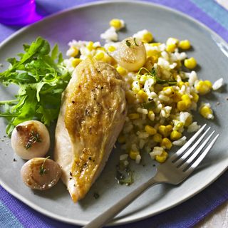 Roast Chicken Breast with Sweetcorn Risotto and Caramelised Shallots