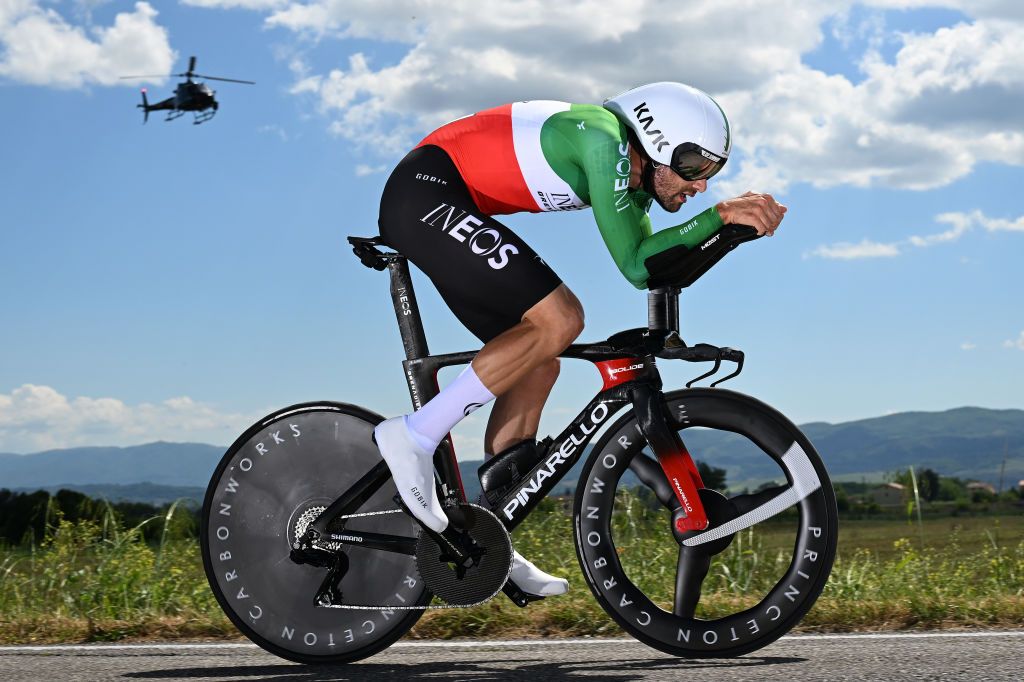 PERUGIA ITALY MAY 10 Filippo Ganna of Italy and Team INEOS Grenadiers sprints during the 107th Giro dItalia 2024 Stage 7 a 406km individual time trial stage from Foligno to Perugia 472m UCIWT on May 10 2024 in Perugia Italy Photo by Tim de WaeleGetty Images