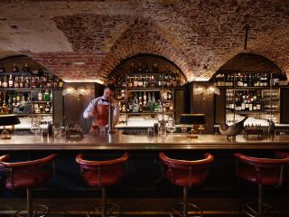 Bar interior with brick ceiling