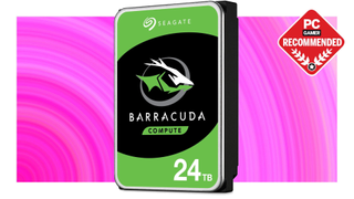 The high-capacity Seagate BarraCuda 24TB HDD floats in a void.
