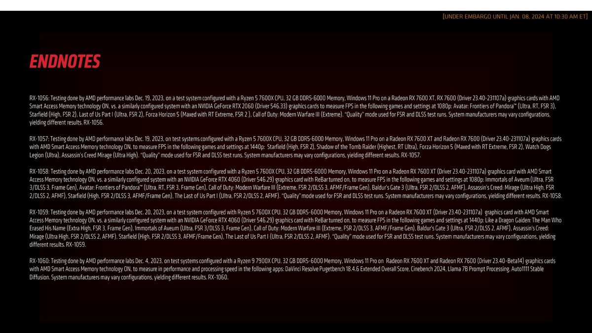 AMD Radeon RX 7600 XT announcement slides and cards