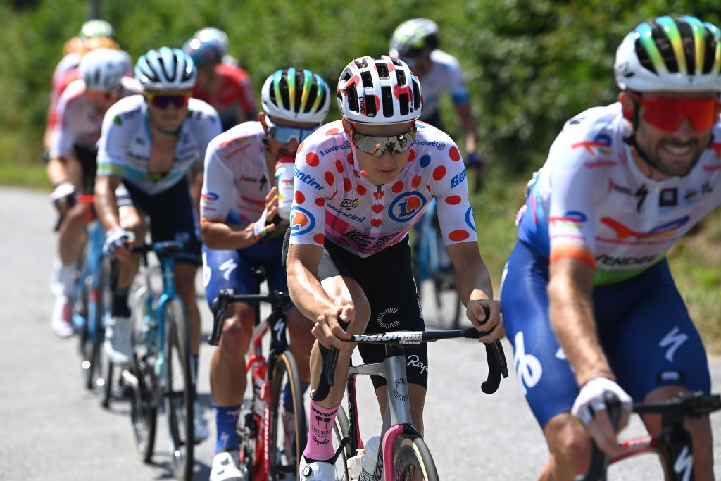 PUY DE DME FRANCE JULY 09 Neilson Powless of The United States and Team EF EducationEasyPost Polka Dot Mountain Jersey competes in the breakaway during the stage nine of the 110th Tour de France 2023 a 1824km stage from SaintLonarddeNoblat to Puy de Dme 1412m UCIWT on July 09 2023 in Puy de Dme France Photo by Tim de WaeleGetty Images