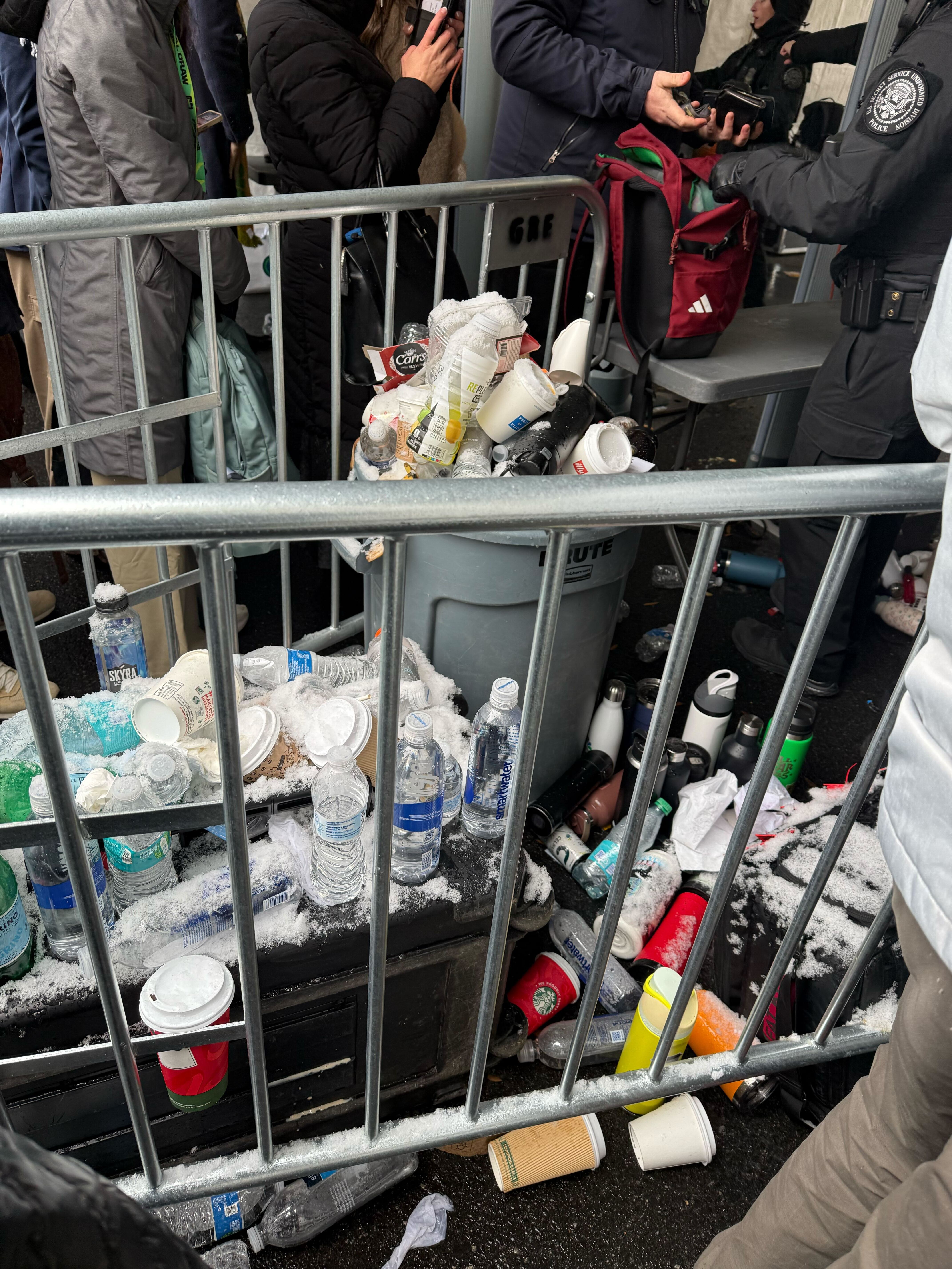A pile of disguarded water bottles outside the Watergate Center, Washington DC