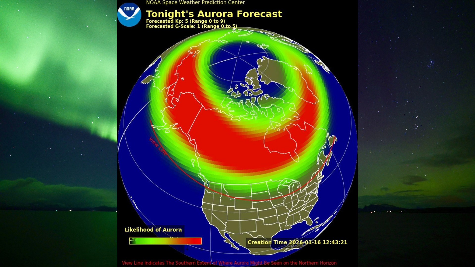 a map showing the extent of the possible aurora view line across the us, showing 15 states at least in part inside the aurora view line. the background image is a sweeping green northern lights show.