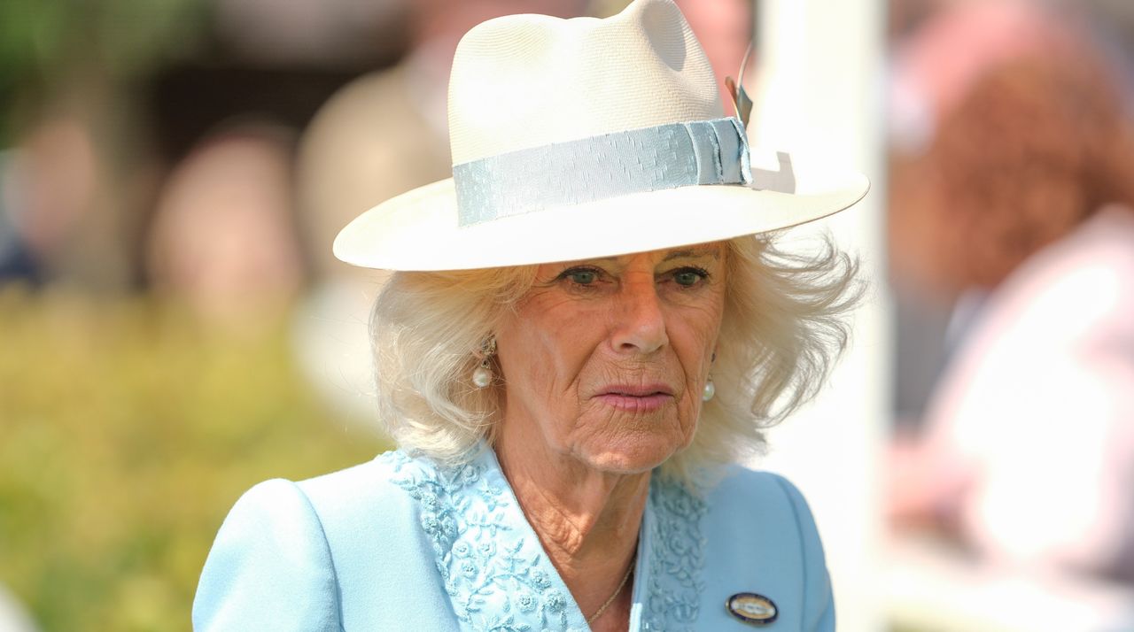  Queen Camilla attends the races to watch her horse Reaching HIgh race in The Sky Bet Melrose Handicap at York Racecourse on August 24, 2024 in York, England.