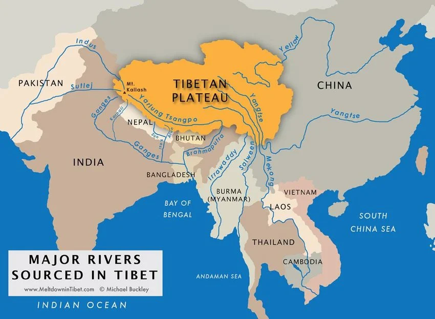 A map of the Tibetan plateau with various blue lines showing labeled rivers across the map