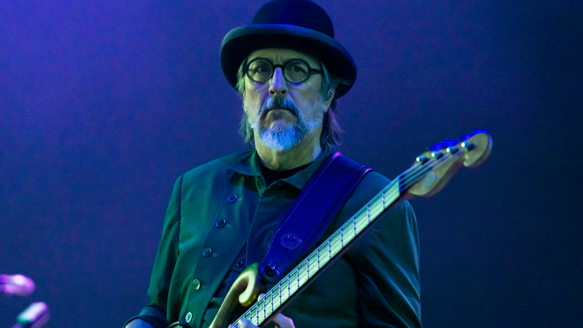 Les Claypool of Primus performs at Michigan Lottery Amphitheatre on July 16, 2025 in Sterling Heights, Michigan