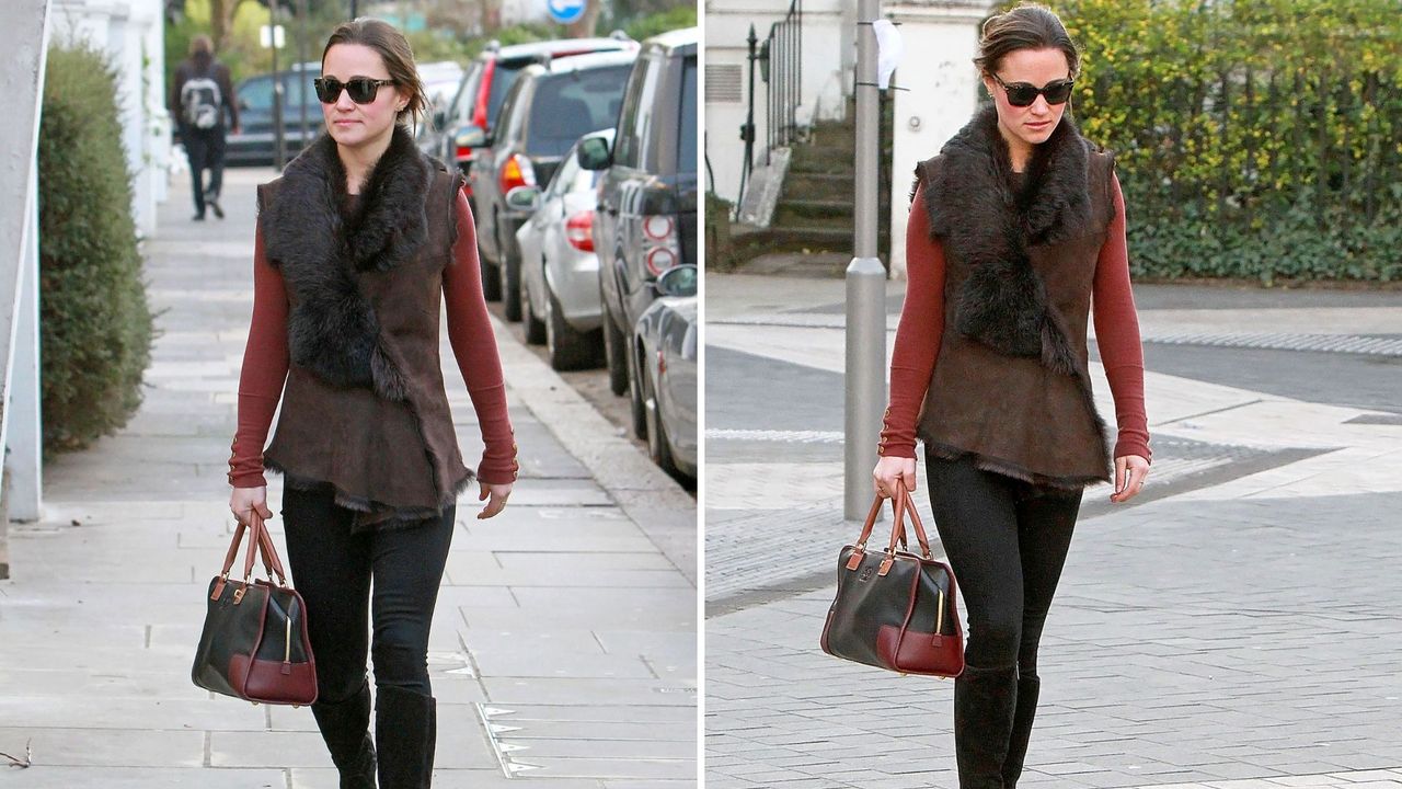 Composite of two pictures of Pippa Middleton wearing a fluffy gilet and knee high boots as she walks around London in January 2012