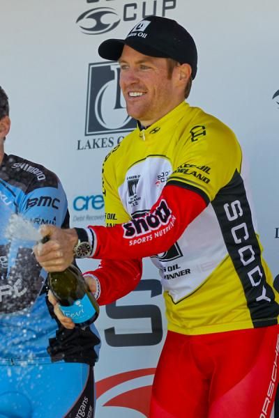 Will Walker (Drapac) sprays the champagne following his victory at the Tour of Gippsland