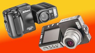 Pentax Optio X and Nikon Coolpix digital compact cameras on a red and yellow background